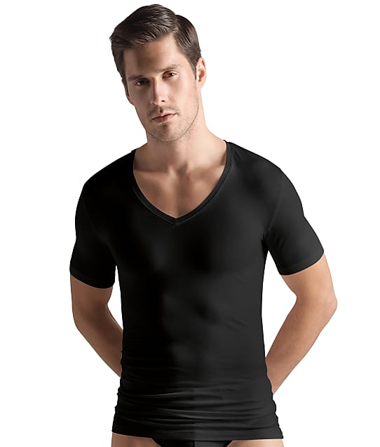 Hanro Cotton Superior V-Neck T-Shirt in Black 3089