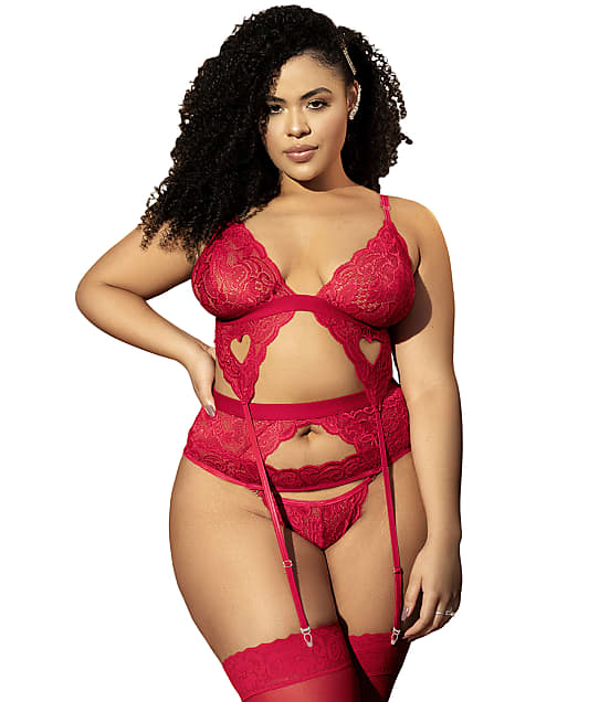 Mapalé Plus Size Sexy Lace Bra & Garter 3-Piece Set in Red 8660X