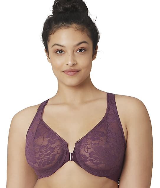 Glamorise Lacey T-Back Front-Close Wonderwire Bra in Black Plum(Front Views) 9246