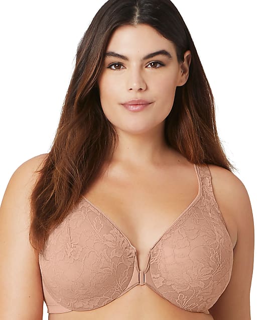 Glamorise Wonderwire Lacey T-Back Front-Close Bra in Cappuccino 9246