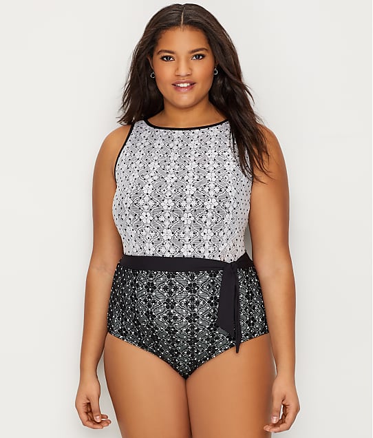 Anne Cole Signature Plus Size In First Lace Dot One-Piece in Black / White Dot(Front Views, Black / White) 19PO09103