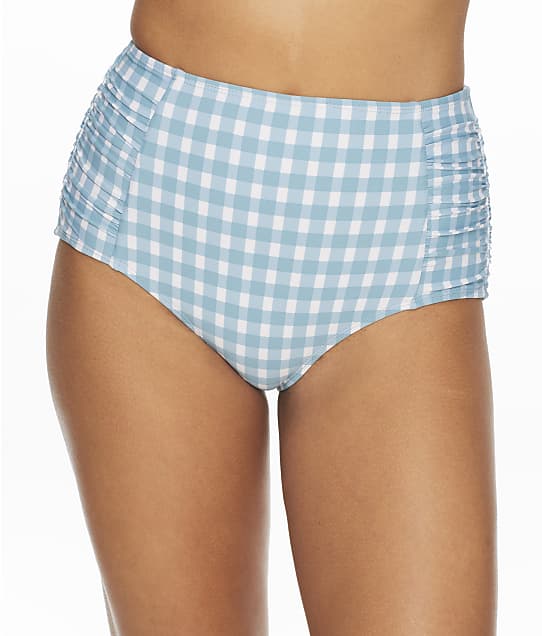 Anne Cole Signature Gingham High-Waist Shirred Bikini Bottom in Blue Check(Front Views) 22MB33657
