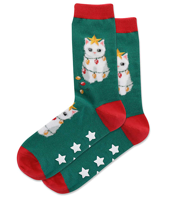 Hot Sox Fuzzy Christmas Tree Cat Non-Skid Crew Socks in Green(Front Views) HOH00169