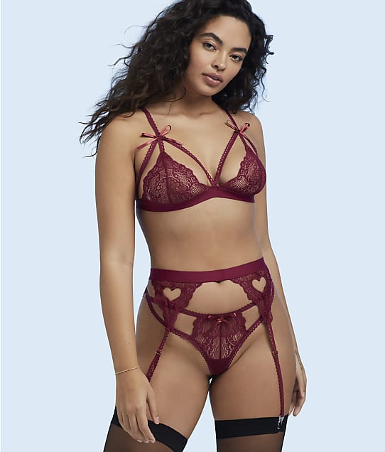 Mapalé Cage Lace Wireless Bra & Garter Set in Burgundy(Front Views) 8221