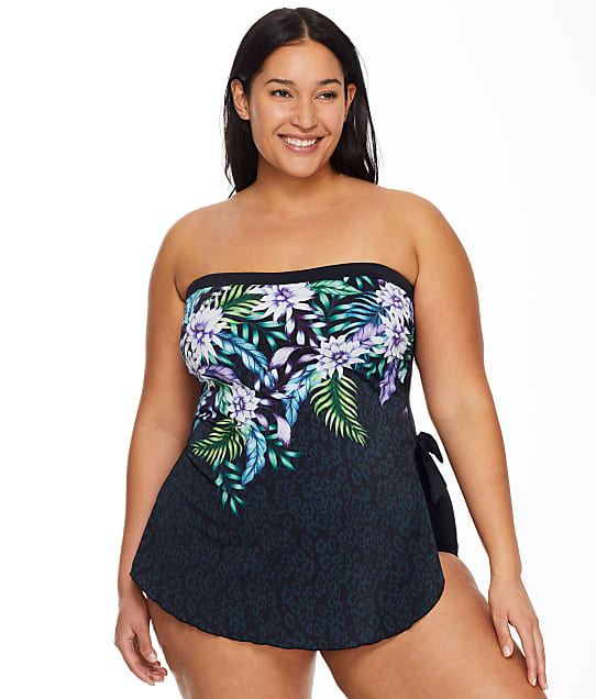 Maxine of Hollywood Plus Size Fiji Floral Bandeau Sarong One-Piece in Black Multi MW2AL31