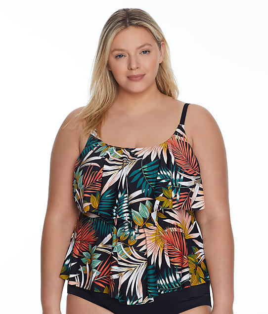 Maxine of Hollywood Plus Size Palms & Fronds Tiered Tankini Top in Palms And Fronds MW2AN58