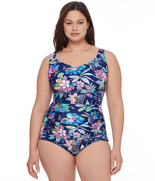 Maxine of Hollywood Plus Size Tulum Tiki Floral One-Piece in Blue Multi MW2AW14