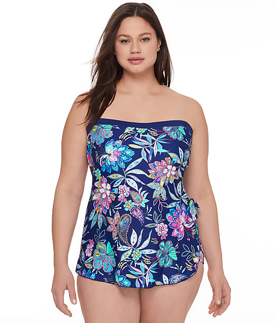 Maxine of Hollywood Plus Size Tulum Tiki Foral Bandeau One-Piece in Blue Multi MW2AW31