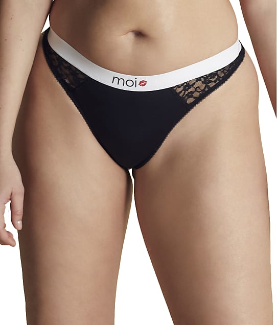 Moi Cotton & Lace Logo Thong in Midnight RMP0008