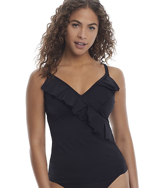 Pour Moi Space Ruffle Underwire Tankini Top in Black(Front Views) 18107