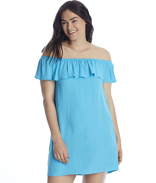 Pour Moi Texture Woven Bardot Cover-Up in Bright Aqua(Front Views) 91023