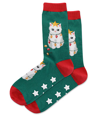 Hot Sox Fuzzy Christmas Tree Cat Non-Skid Crew Socks