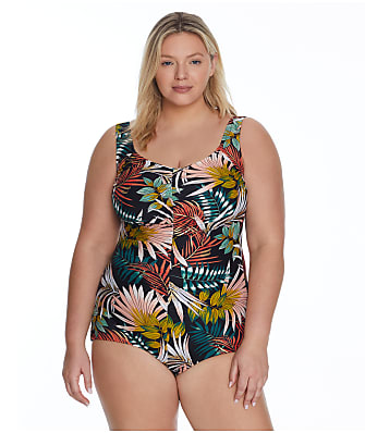 Maxine of Hollywood Plus Size Palms & Fronds Shirred One-Piece