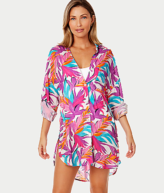 Anne Cole Signature Dance Floor Palm Button-Down Cover-Up