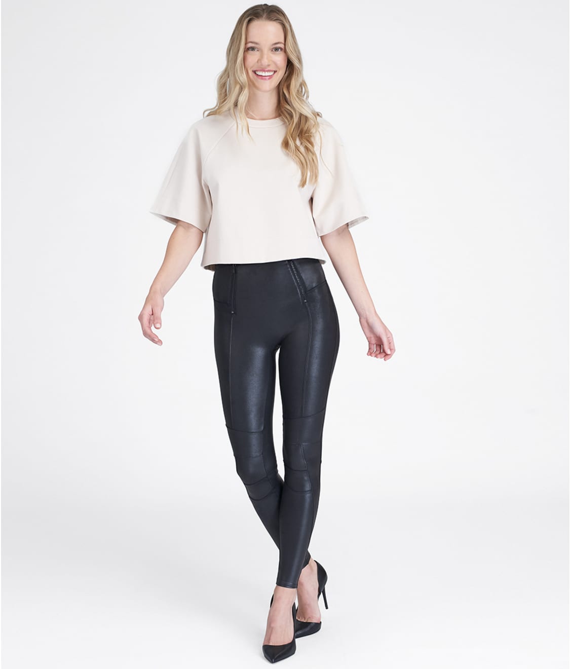 NEW COLLECTION Black Extra Long Leggings / Faux Leather Front