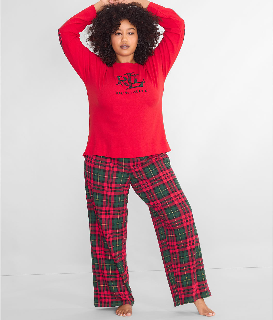 Lauren Ralph Lauren Plus Size Long Sleeve Cloud Jersey Long Pant Pajama Set, Womens, 1X, Red Plaid