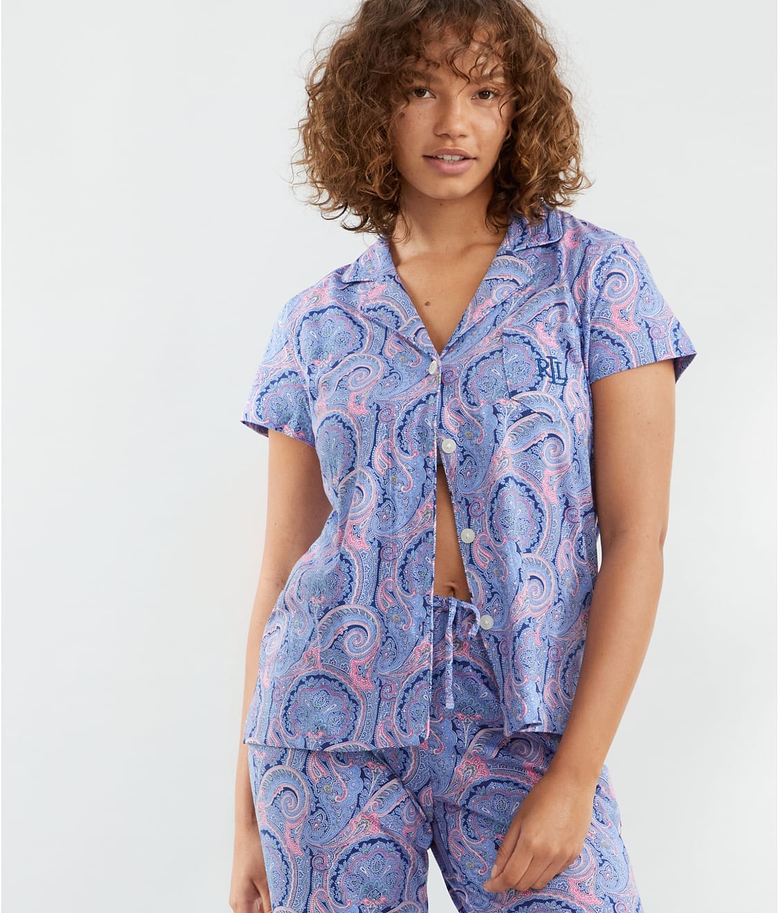 Lauren Ralph Lauren: Short Sleeve Notch Collar Knit Cropped Pajama Set LN92239