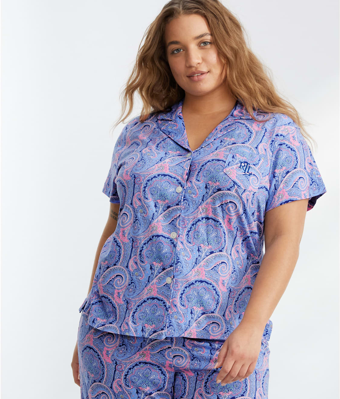 Lauren Ralph Lauren: Plus Size Short Sleeve Notch Collar Knit Cropped Pajama Set LN92239X