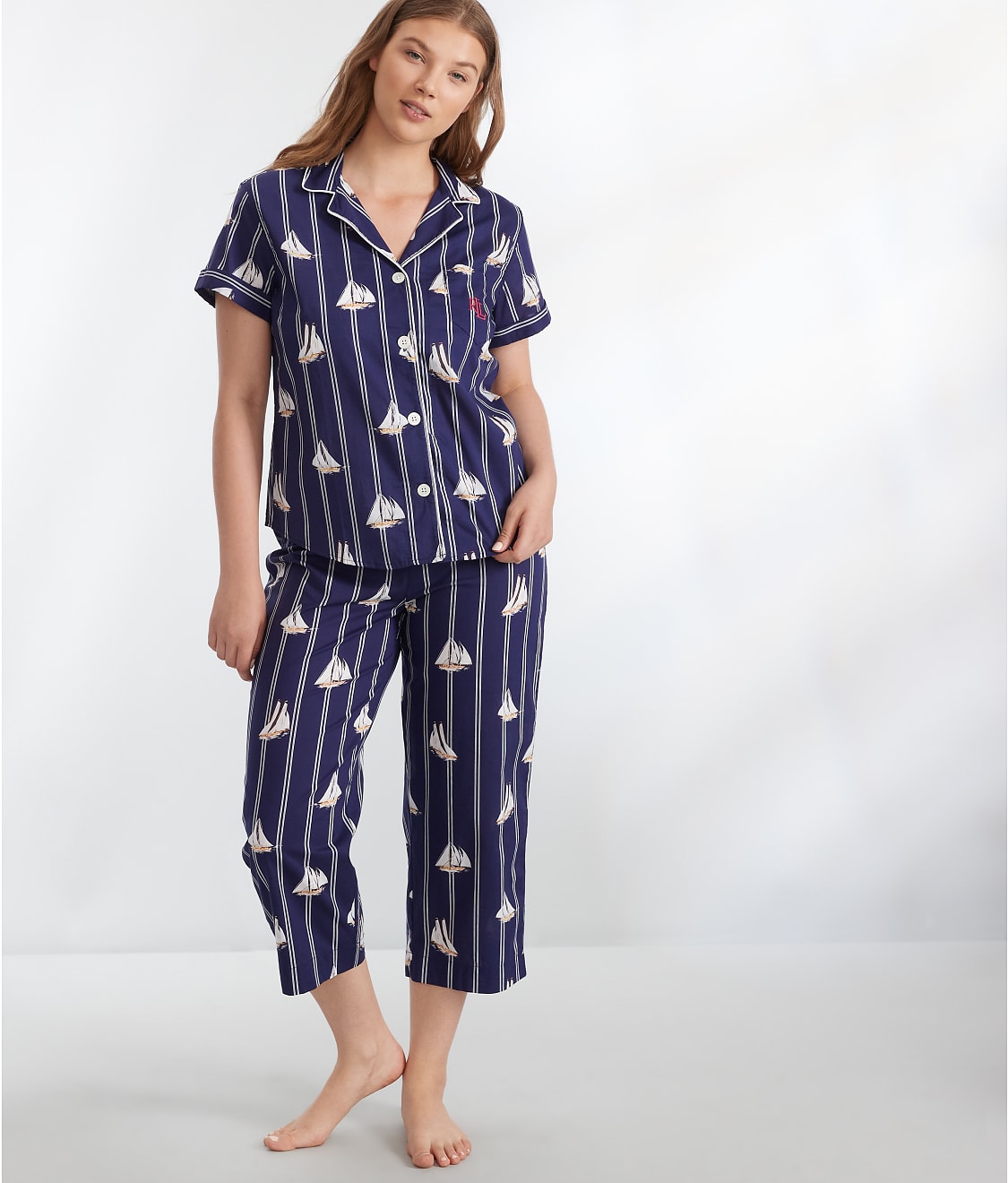 Notch Collar Woven Cotton Capri Pajama Set