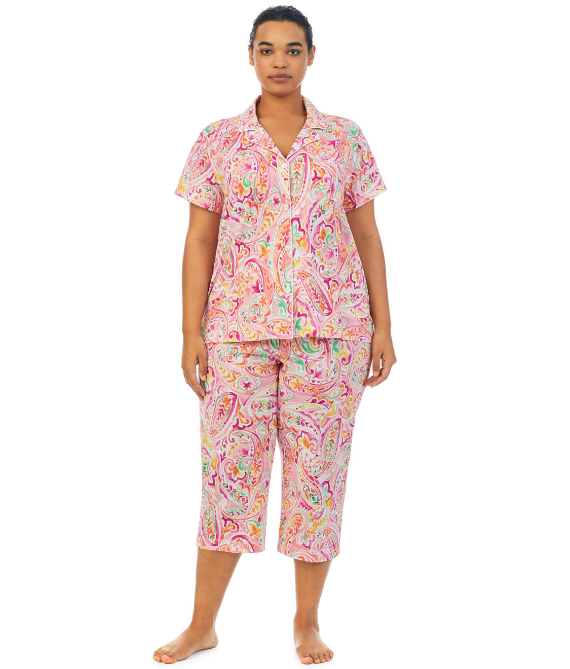Lauren Ralph Lauren Plus Size Pink Paisley Capri Knit Pajama Set ...