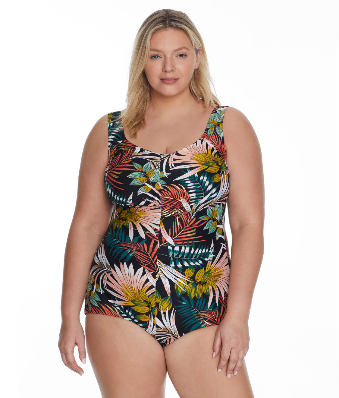 Maxine of Hollywood Plus Size Palms & Fronds Shirred One-Piece