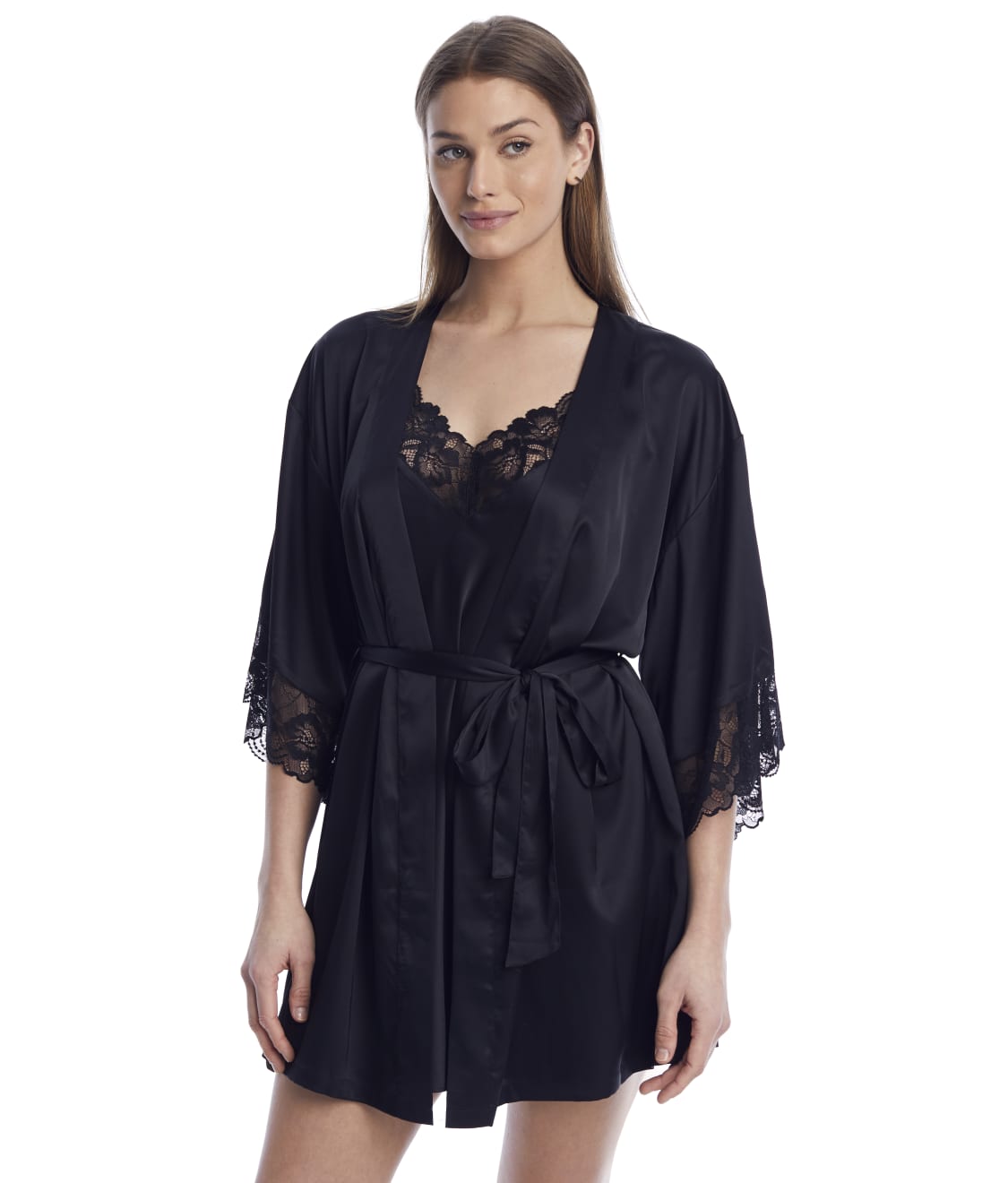 Details about   Sexy Black Delicate Lace Short Kimono Robe with Wide Sleeves Size 8-10 