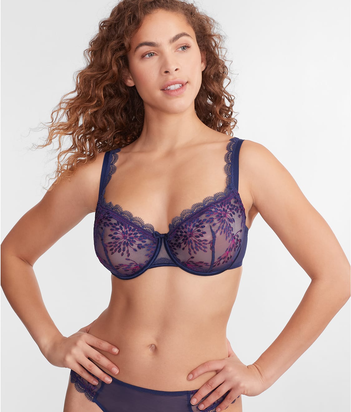 Purple flower-embroidered supportive plunging underwire full cup bra, LAUREN